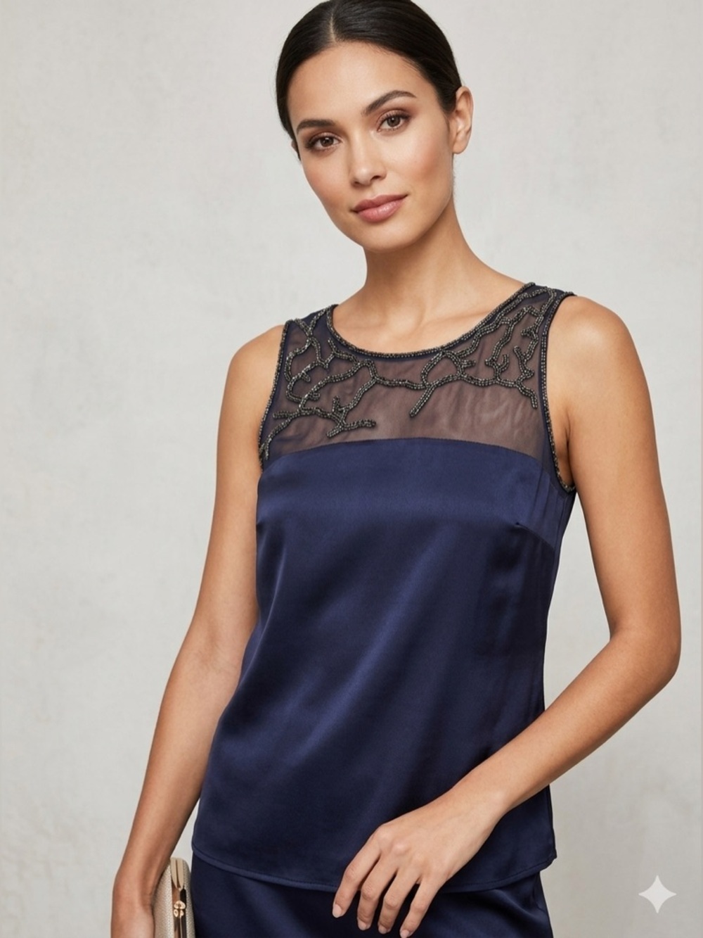 Willow & Clay Beaded Mesh Yoke Tank Top - Dark Orchid, Small